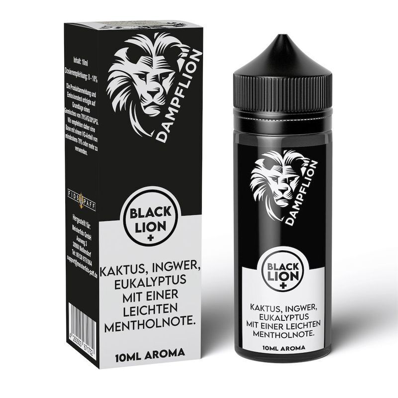 Aroma Black Lion Special Edition von Dampflion Originals Dampflion Originals Black Lion Aroma in Flasche und Schachtel, zeigen Löwenlogo, Beschreibung mit Kaktus, Ingwer, Eukalyptus und Mentholnote.
