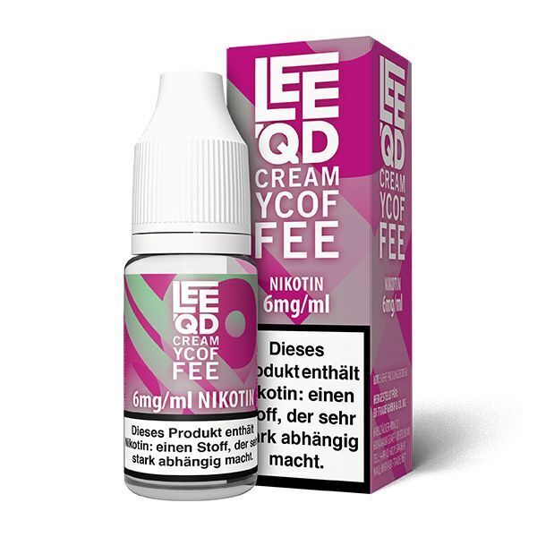 Liquid Crazy Creamy Coffee 6mg - Leeqd Leeqd Liquid Crazy Creamy Coffee 6mg, E-Liquid-Flasche und Verpackung, lila Design, enthält Nikotin, stark abhängigmachend.