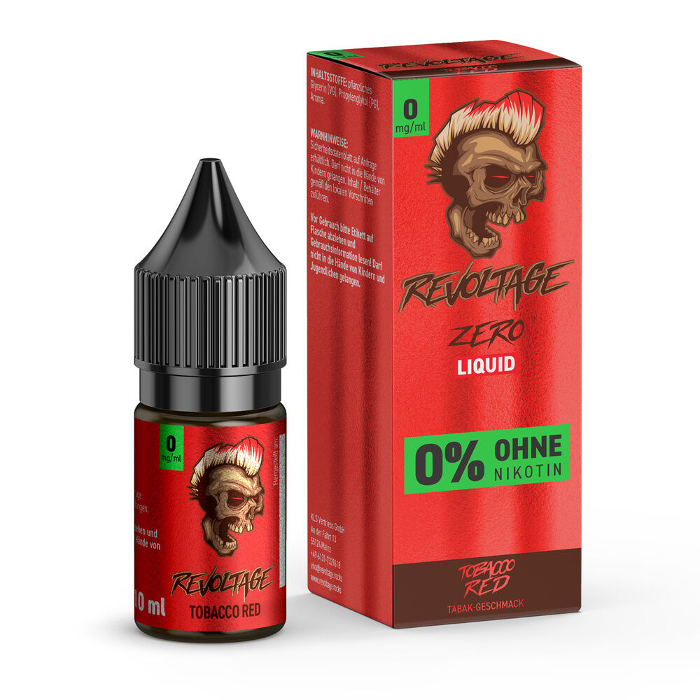E-Liquid Flasche und Box von Revoltage Tobacco Red mit Totenkopf-Design, 0 mg/ml Nikotin, sichtbar sind Markennamen und Warnhinweise