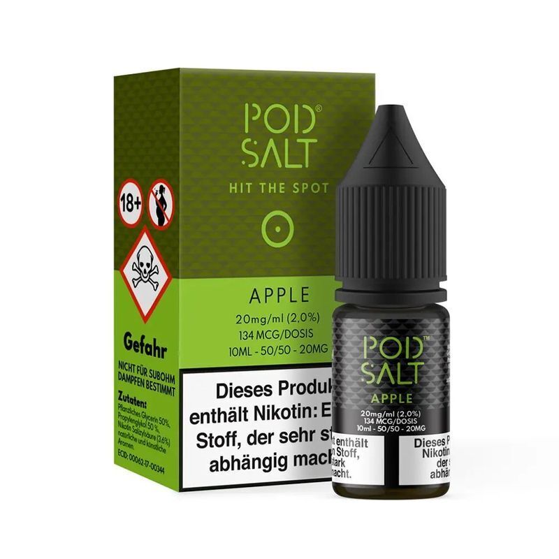 Liquid Apple mit 20mg Nikotin von Pod Salt Core Pod Salt Flasche und Verpackung, Apple-Geschmack, 20mg Nikotinsalz, Warnhinweise inklusive Altersbeschränkung und Gefahrenhinweis.