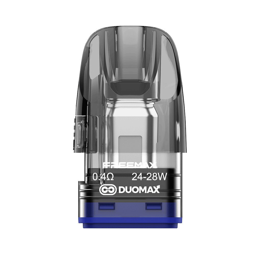 Freemax Rexa P Duomax Pods mit Coil - 0,4 Ohm Freemax Rexa P Duomax Pod mit Coil, 0,4 Ohm, transparent-schwarz, 24-28W, markiert mit Logos und Spezifikationen.