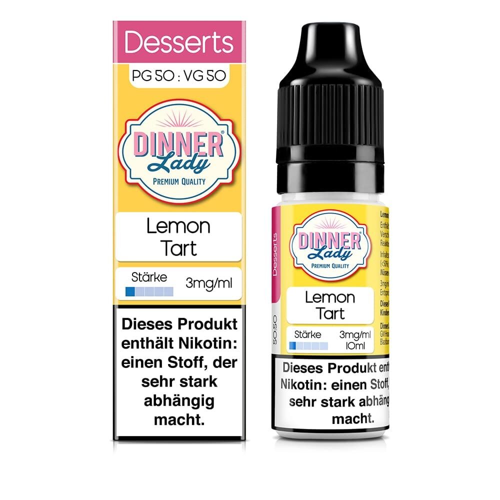 Liquid Lemon Tart von Dinner Lady Dinner Lady Liquid Lemon Tart, gelbe Verpackung mit rosa und blauen Details, enthält Nikotin, 3mg/ml, 10ml Flasche sichtbar