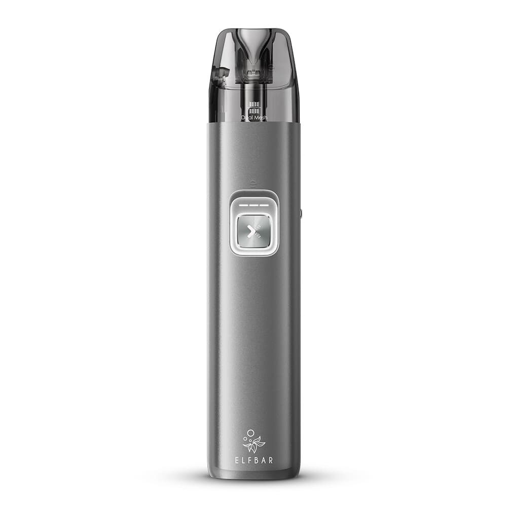 Elfbar Elfx 2 Pod Kit Elfbar Elfx 2 Pod Kit in Space Grey mit quadratischem Knopf auf der Vorderseite und transparentem Mundstück auf weißem Hintergrund