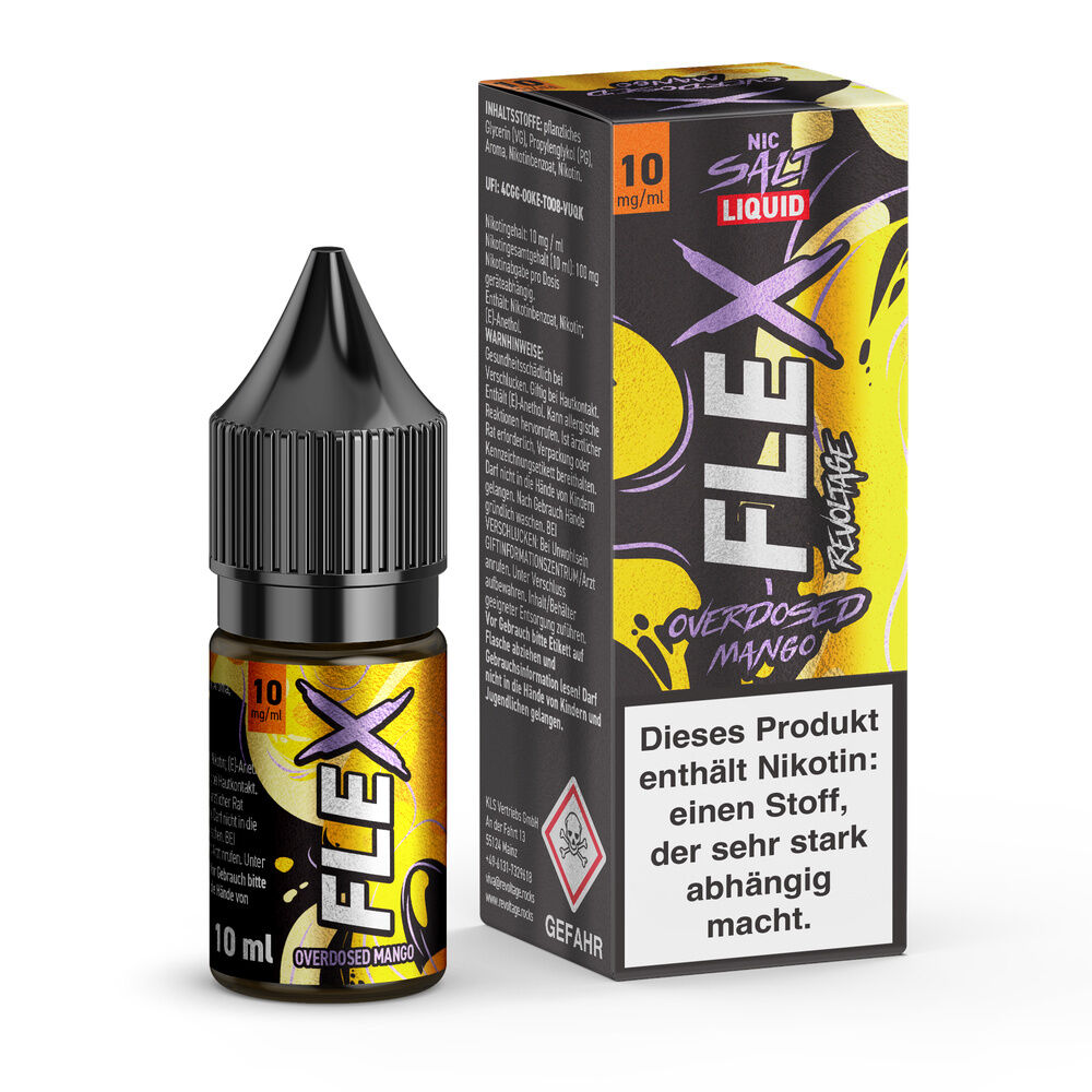 Revoltage Flex Nikotinsalz Liquid im Mango-Geschmack, 10 mg/ml, mit Verpackung und Sicherheitswarnung, 10 ml Inhalt