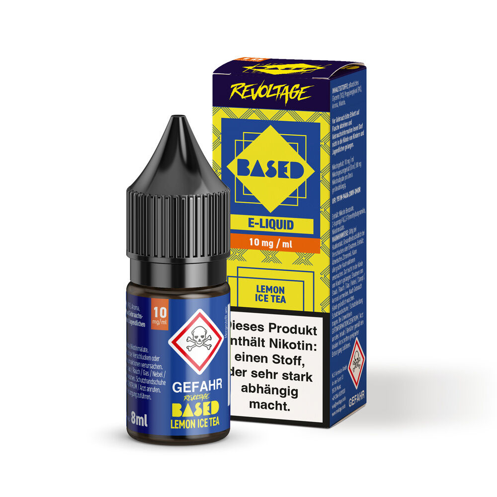 E-Liquid-Flasche und Verpackung für Revoltage Based Lemon Ice Tea 10mg, Warnsymbol für Gefahr und Hinweis auf Nikotingehalt