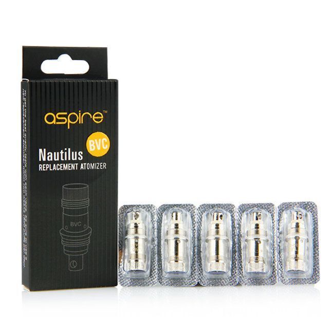 Aspire Nautilus BVC Replacement Atomizer Verpackung und fünf Coils in Blisterverpackung nebeneinander.