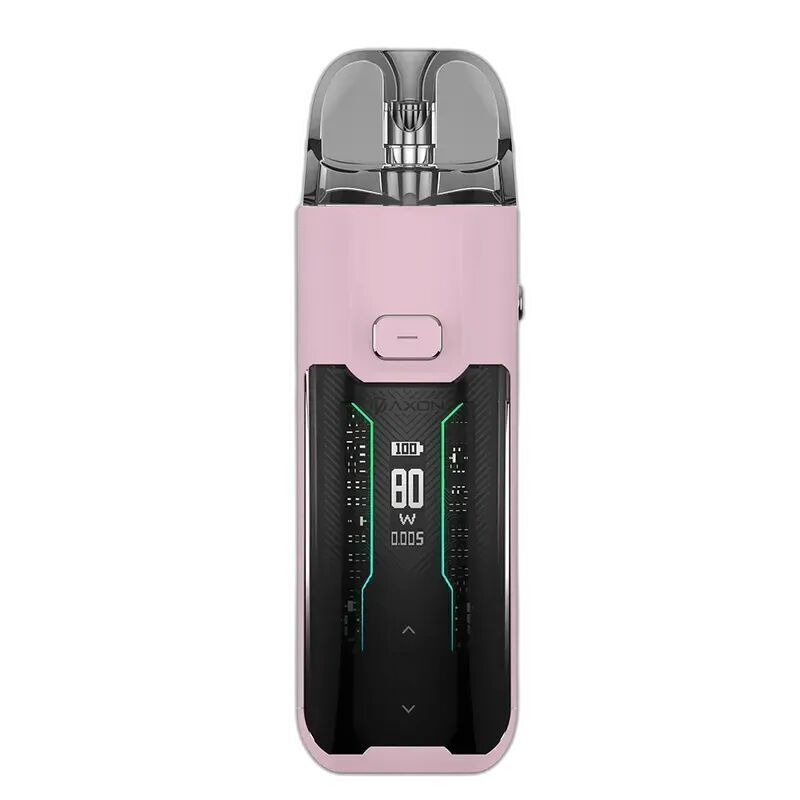 Vaporesso Luxe XR Max Pod Kit Pink Vaporesso Luxe XR Max Pod Kit in Pink, rechteckiges Gerät mit transparentem Mundstück, Display zeigt 80W und Ladestand an.