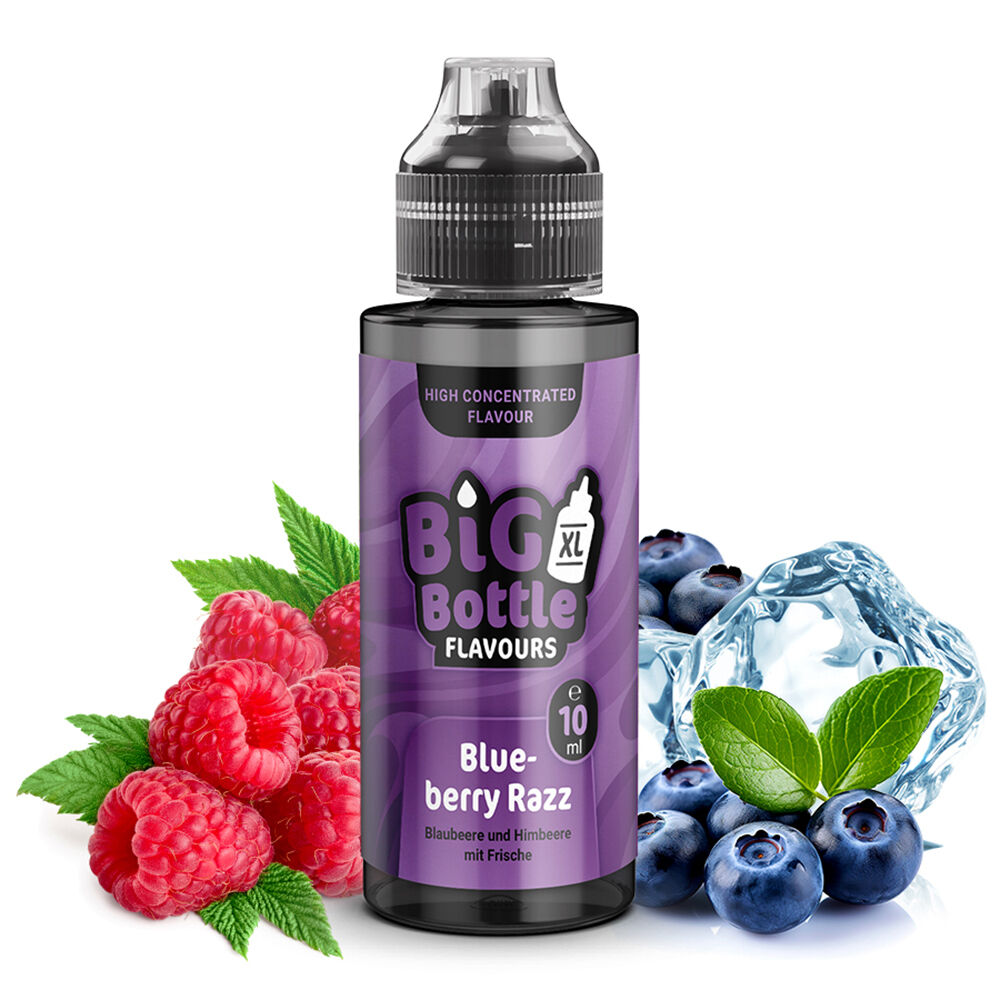 Aroma Blueberry Razz von Big Bottle Flavours Big Bottle Flavours Aroma Blueberry Razz, eine violette 10-ml-Flasche, umgeben von frischen Blaubeeren, Himbeeren und Eiswürfeln