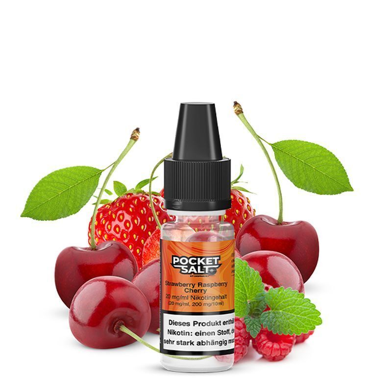 Liquid Strawberry Raspberry Cherry mit 20mg Nikotin von Pocket Salt E-Liquid-Flasche von Pocket Salt Strawberry Raspberry Cherry 20mg neben frischen Erdbeeren, Kirschen und Himbeeren.