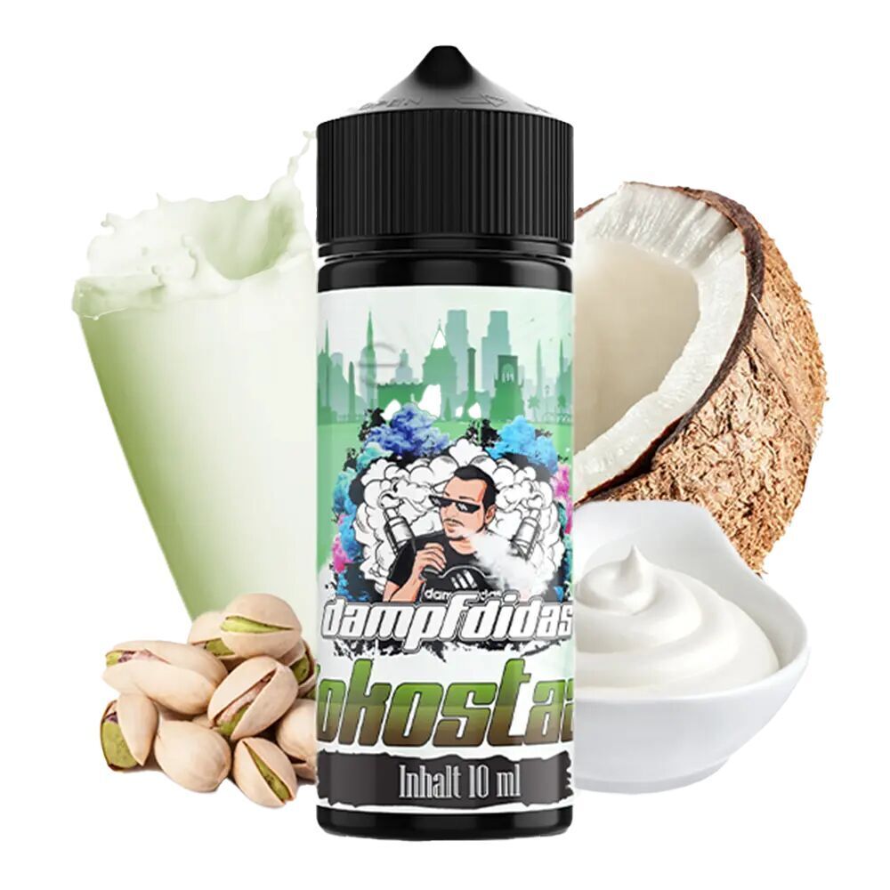 Aroma Kokostazie von Dampfdidas Dampfdidas Aroma Kokostazie 10 ml Flasche mit Kokosnuss, Pistazien, Sahneschale und Stadt-Silhouette im Hintergrund.