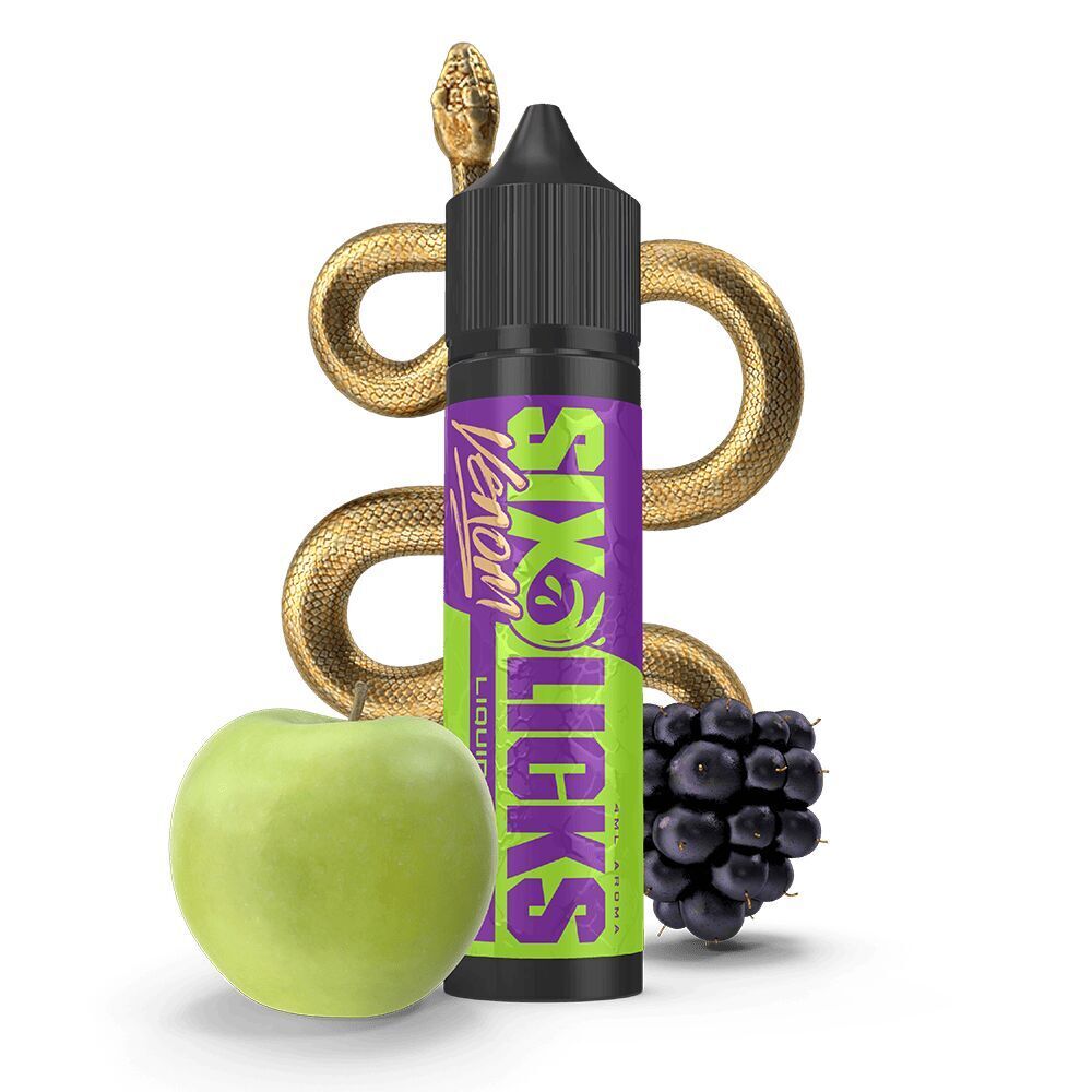 Six Licks Venom Aroma - Liquid Gold Six Licks Venom Liquid Gold Flasche mit einer goldenen Schlange, grünem Apfel und schwarzen Johannisbeeren abgebildet.