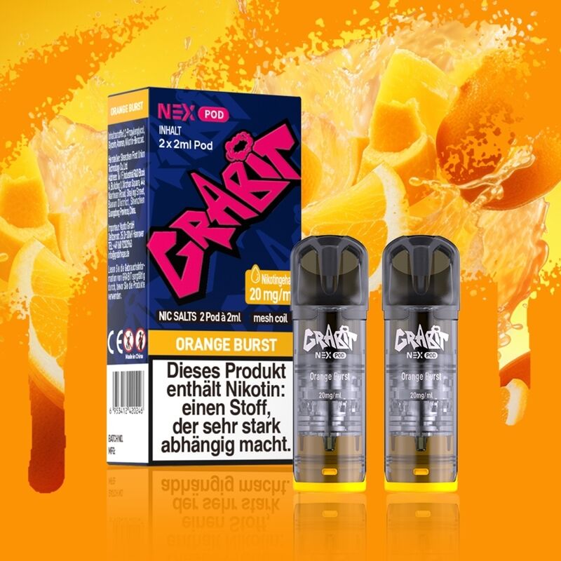 Grabit Nex Pods (2 Stück) Grabit Nex Pods in Orange Burst 20mg, zwei durchsichtige Pods vor orange-gelbem Hintergrund, Verpackung mit Warnhinweis im Bild.