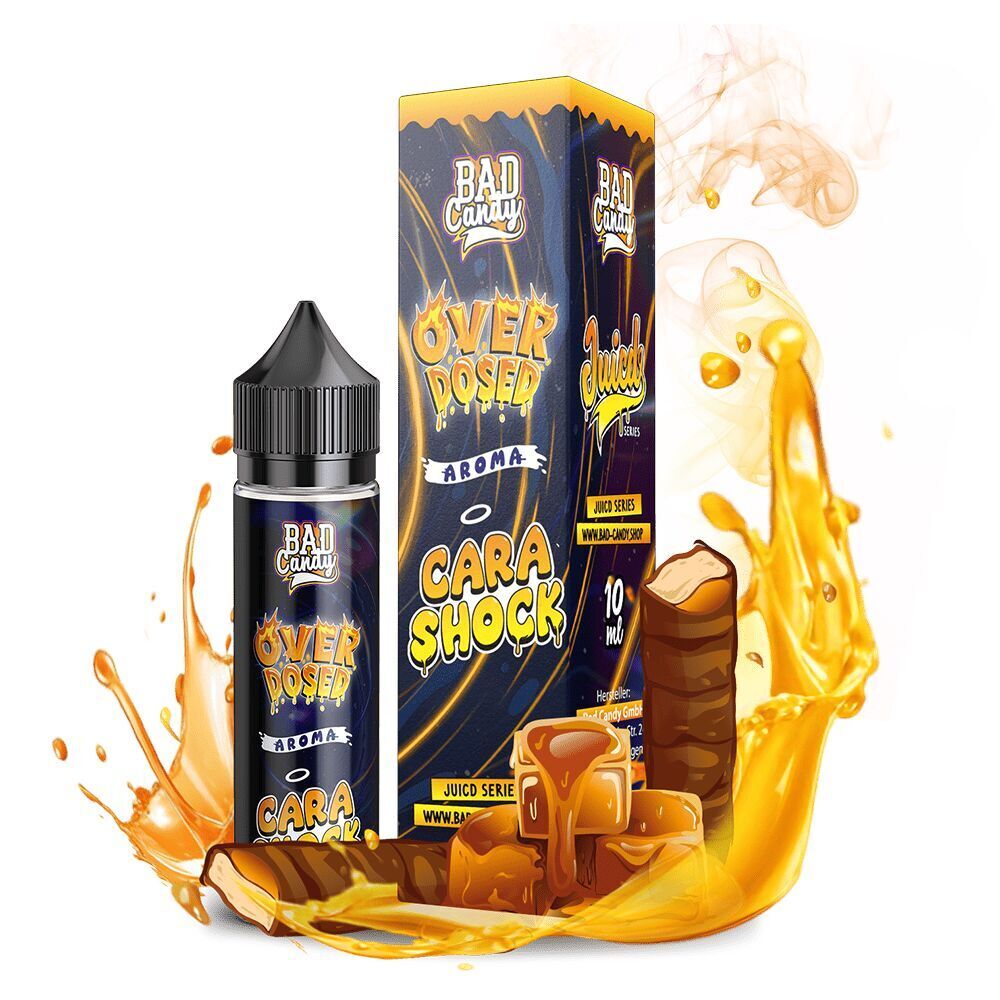 Aroma Cara Shock - Bad Candy Overdosed Flasche und Verpackung von Bad Candy Aroma Cara Shock Overdosed, umgeben von flüssigem Karamell und Karamellstücken.
