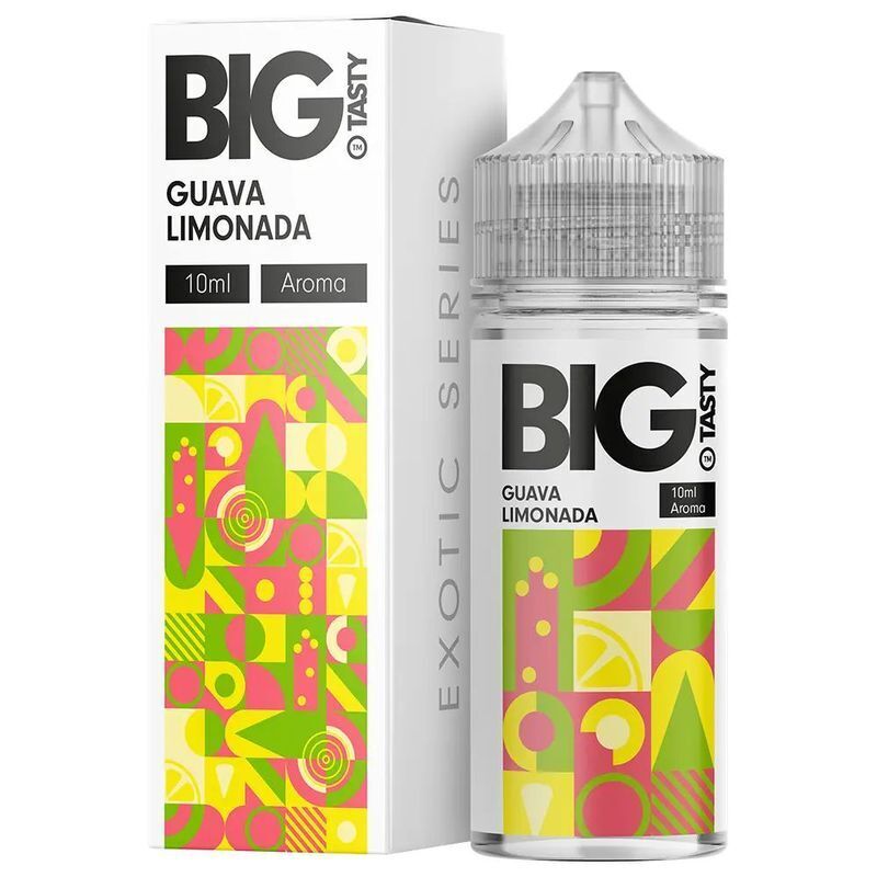Aroma Guava Limonada von Big Tasty Flasche und Verpackung von Big Tasty Guava Limonada Aroma, 10 ml, mit buntem geometrischem Muster und Aufschrift "Exotic Series"