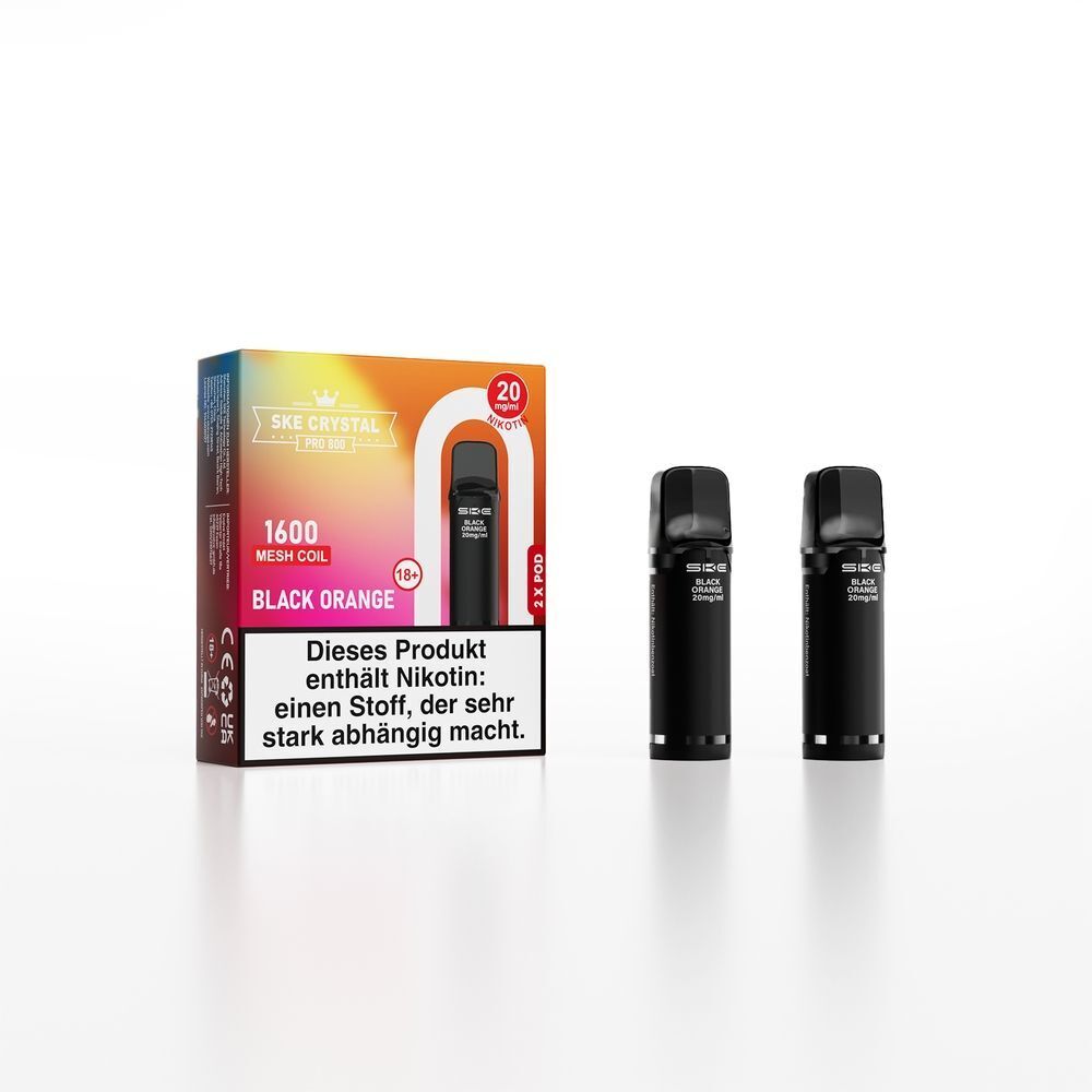 SKE Crystal 800 Pro Pods - Black Orange SKE Crystal Pro Pods Black Orange 20mg Packung mit zwei schwarzen Pods, Warnhinweis auf Nikotinabhängigkeit auf Vorderseite.