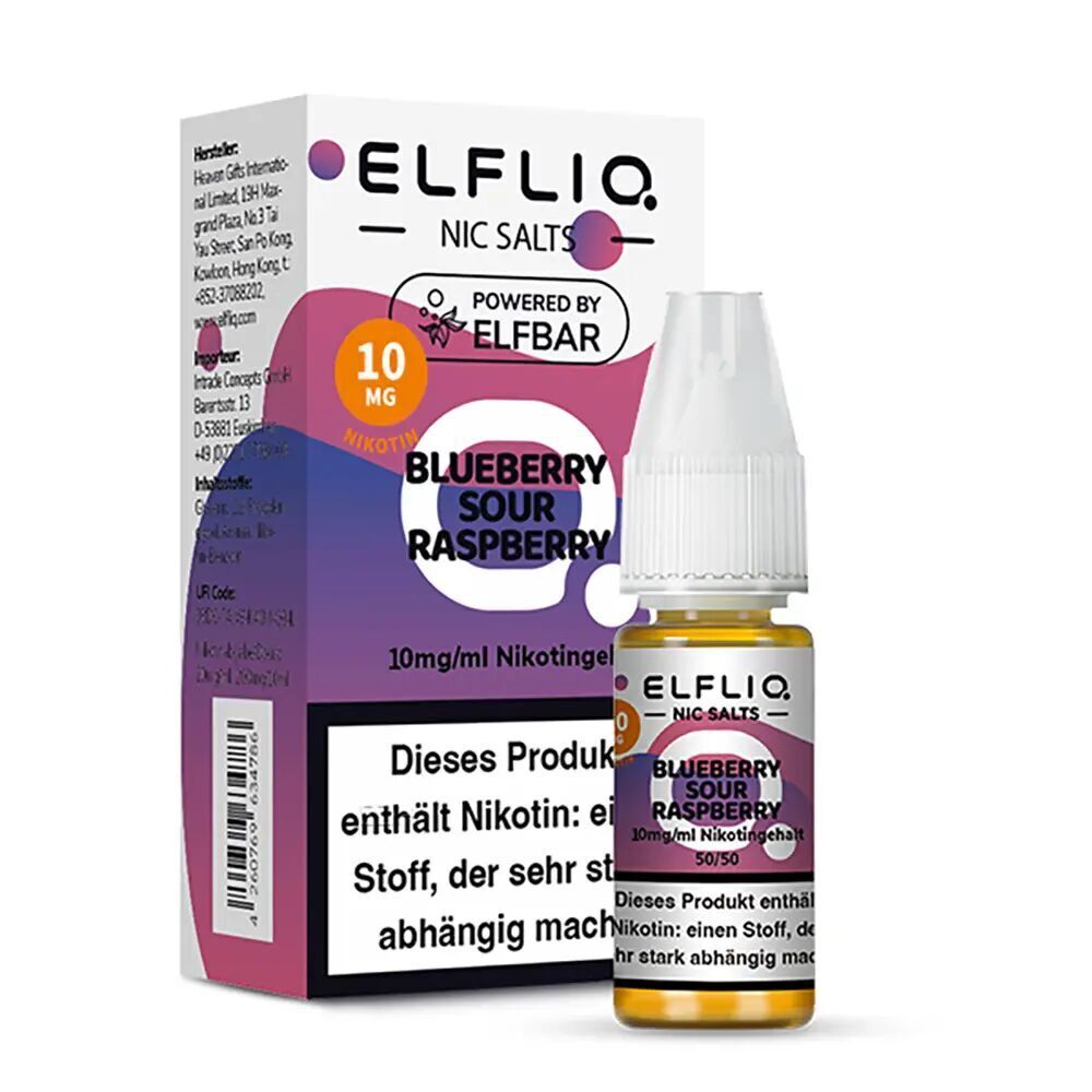 Elfliq Nikotinsalz - Blueberry Sour Raspberry 10mg Elfliq Nikotinsalz Blueberry Sour Raspberry 10mg Flasche und Verpackung mit sichtbarer Nikotinwarnung, ELF LIQ-Branding deutlich erkennbar