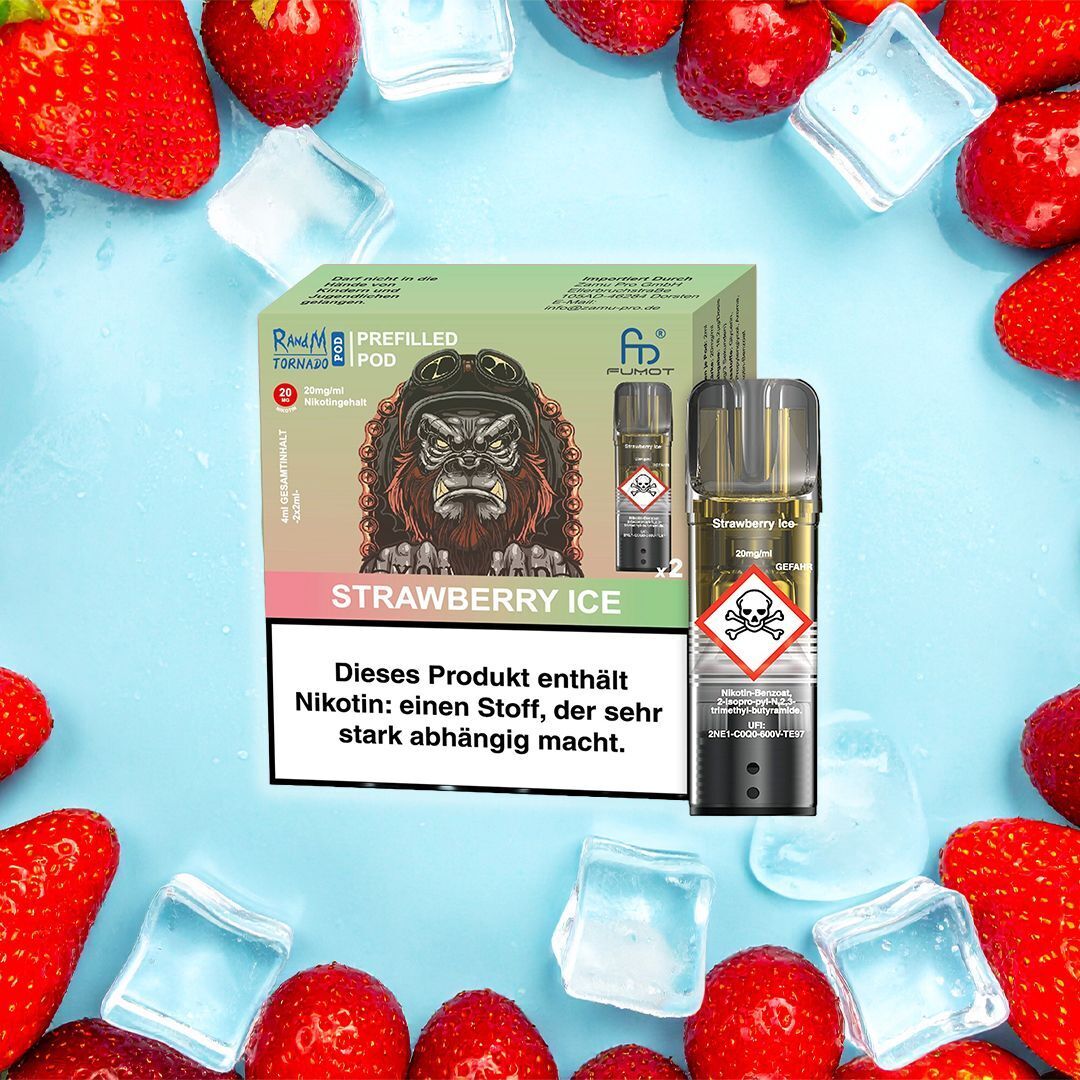 RandM Tornado Pods - Strawberry Ice RandM Tornado Pods Strawberry Ice Verpackung mit Gorilla-Design auf blauem Hintergrund, umgeben von frischen Erdbeeren und Eiswürfeln.