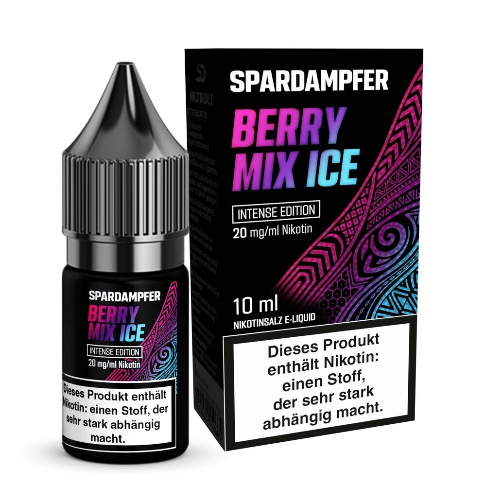 Spardampfer-Nikotinsalz-Berry-Mix-Ice-20mg.jpg Flasche und Verpackung von Spardampfer Berry Mix Ice E-Liquid 10ml, intensiv, 20mg/ml Nikotin; Hinweis zu Nikotinabhängigkeit sichtbar.