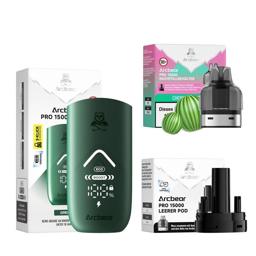 Arcbear Pro 15000 Set mit Chewy Watermelon 20mg, leere Pods und Nachfüllbehälter, Verpackungen und Geräte in dunklen Farben.
