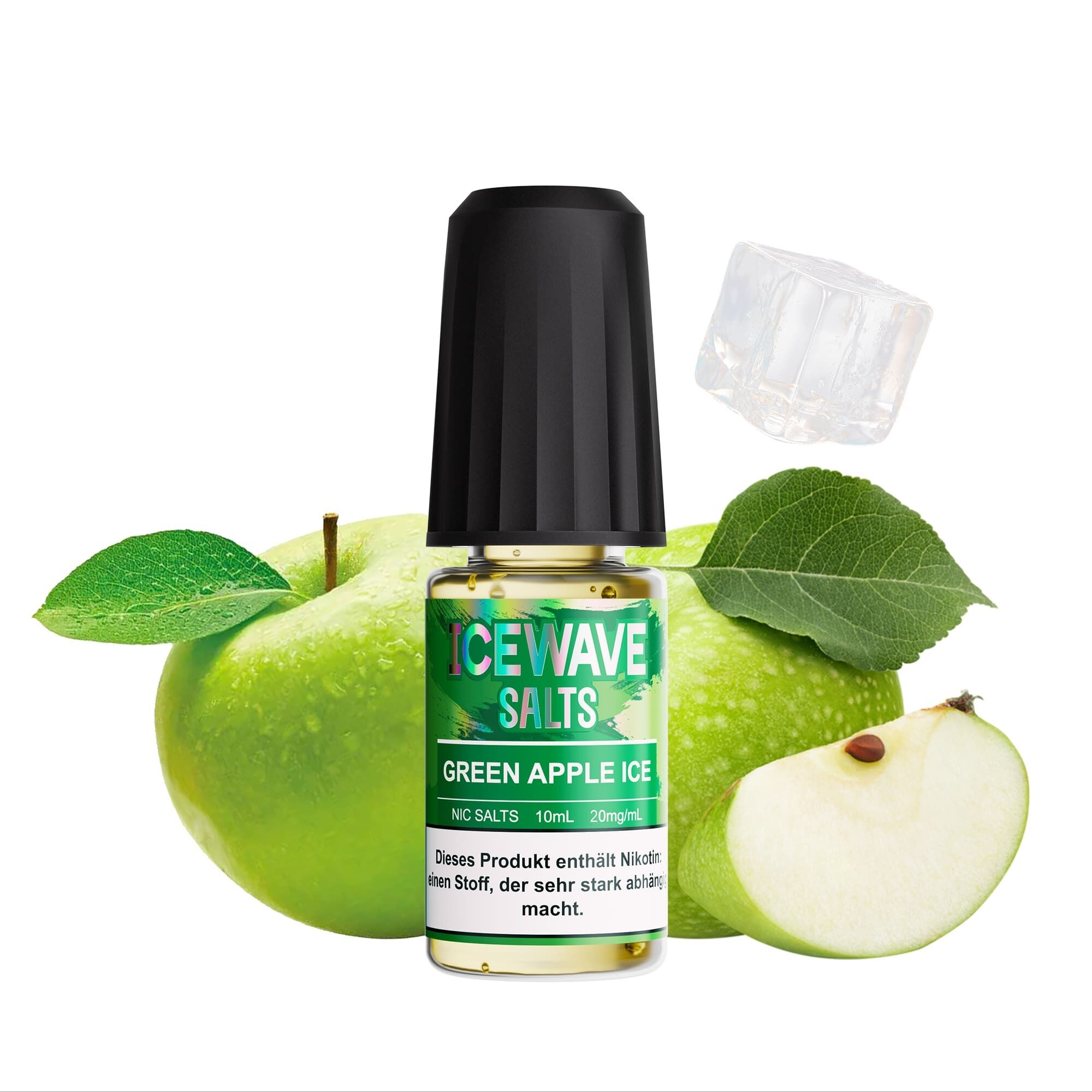 Icewave Nikotinsalz - Green Apple Ice 20mg Icewave Nikotinsalz Green Apple Ice 20mg Flasche vor grünen Äpfeln mit Eiswürfel.