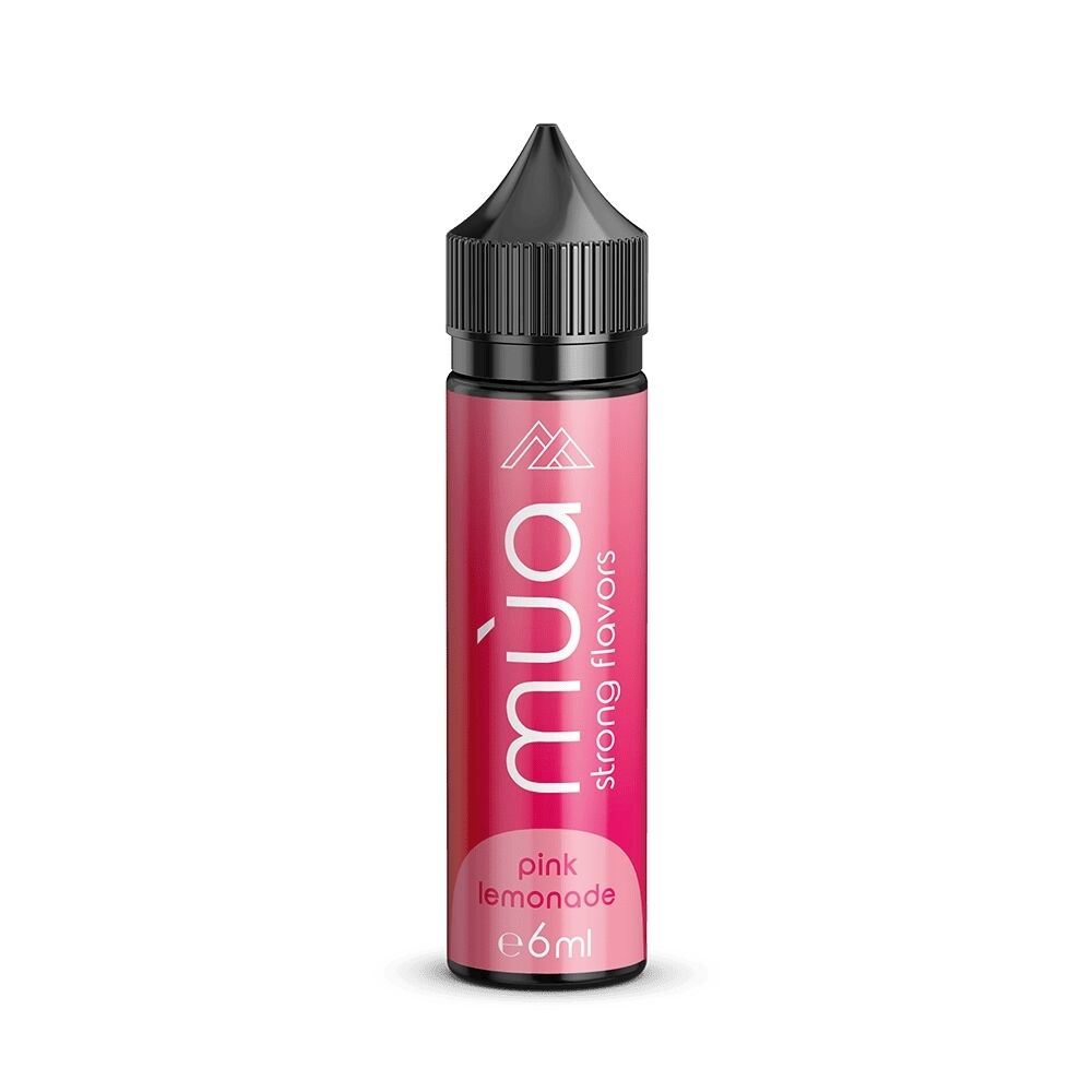 Mua Aroma - Pink Lemonade Flasche des Mua Aroma Pink Lemonade mit schwarzem Deckel, rosa Etikett und der Aufschrift „strong flavors“, 6ml Inhalt