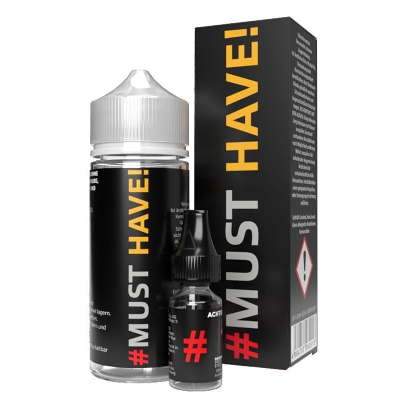 Aroma # Hashtag von Must Have Schwarzes Aroma-Produkt "# Must Have!" mit großem und kleinem Fläschchen sowie Verpackung, rotes Hashtag-Symbol und gelber Schriftzug.