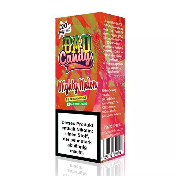 Liquid Mighty Melon mit 10mg Nikotin von Bad Candy Verpackung von Bad Candy Nikotinsalz Mighty Melon 10mg mit buntem Design, Logo, Inhaltsangaben, Warnhinweis zu Nikotin und Kontaktinformationen.