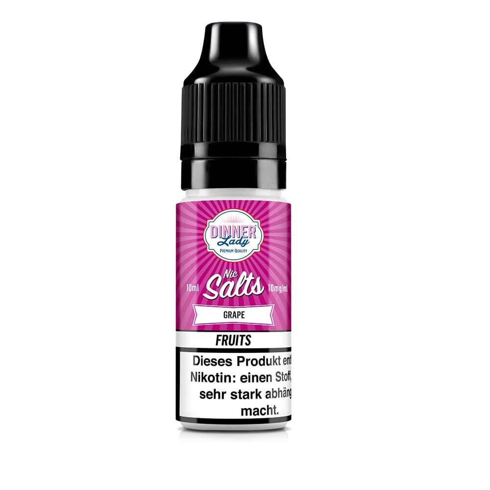 Flasche Dinner Lady Nic Salts Grape Nikotinsalz 10mg mit violettem Etikett und Warnhinweis über Nikotinabhängigkeit.
