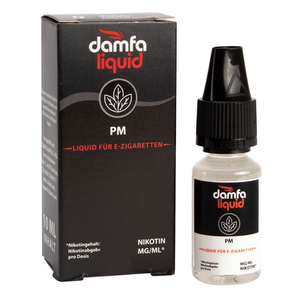 Liquid PM 12mg - Damfaliquid Damfaliquid Liquid PM 3mg für E-Zigaretten, schwarze Verpackung mit Blatt-Logo und Flasche, Nikotingehalt angegeben.