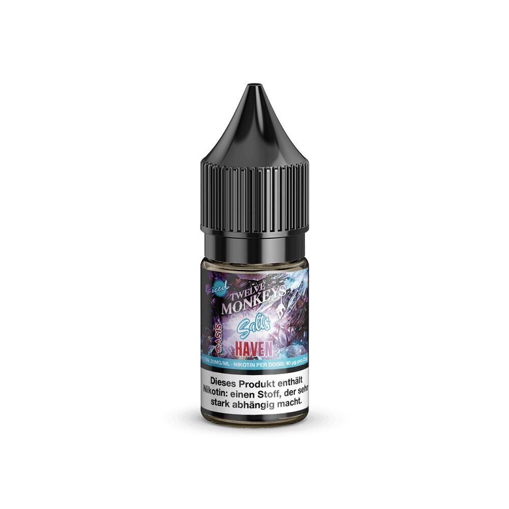 Liquid Haven 20mg - Twelve Monkeys Twelve Monkeys Nikotinsalz - Haven 20mg Flasche mit schwarzer Kappe und bunter Etikettierung auf klarem Hintergrund, Warnhinweis enthalten