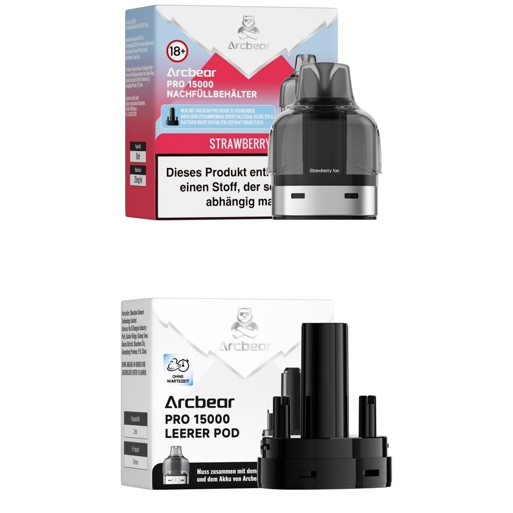 Arcbear Pro 15000 Pods - Strawberry Ice 20mg Arcbear Pro 15000 Pods in Strawberry Ice 20mg Geschmacksrichtung, dargestellt mit Verpackung und Nachfüllbehälter, geeignet ab 18 Jahren.
