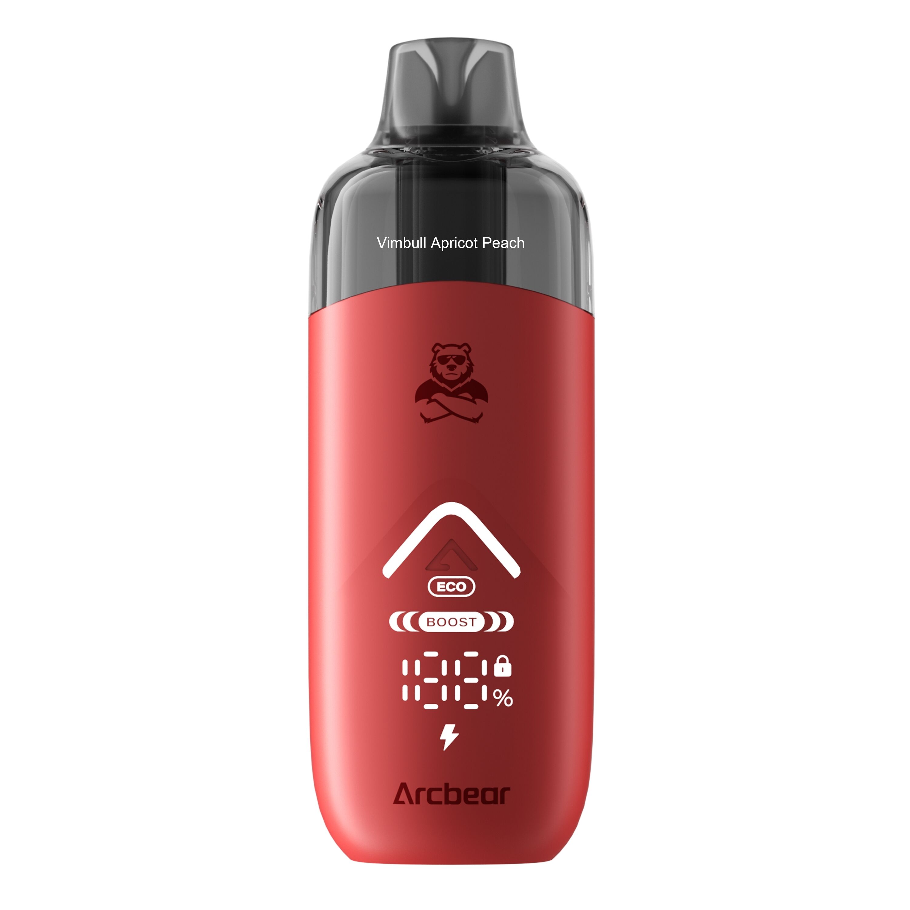 Arcbear Pro 15000 Set - Vimbull Apricot Peach 20mg Rotes Vaping-Gerät "Arcbear Pro 15000 Set" mit schwarzem Mundstück, Branding des Bären, Aufschrift "Vimbull Apricot Peach", eco und boost Anzeige.