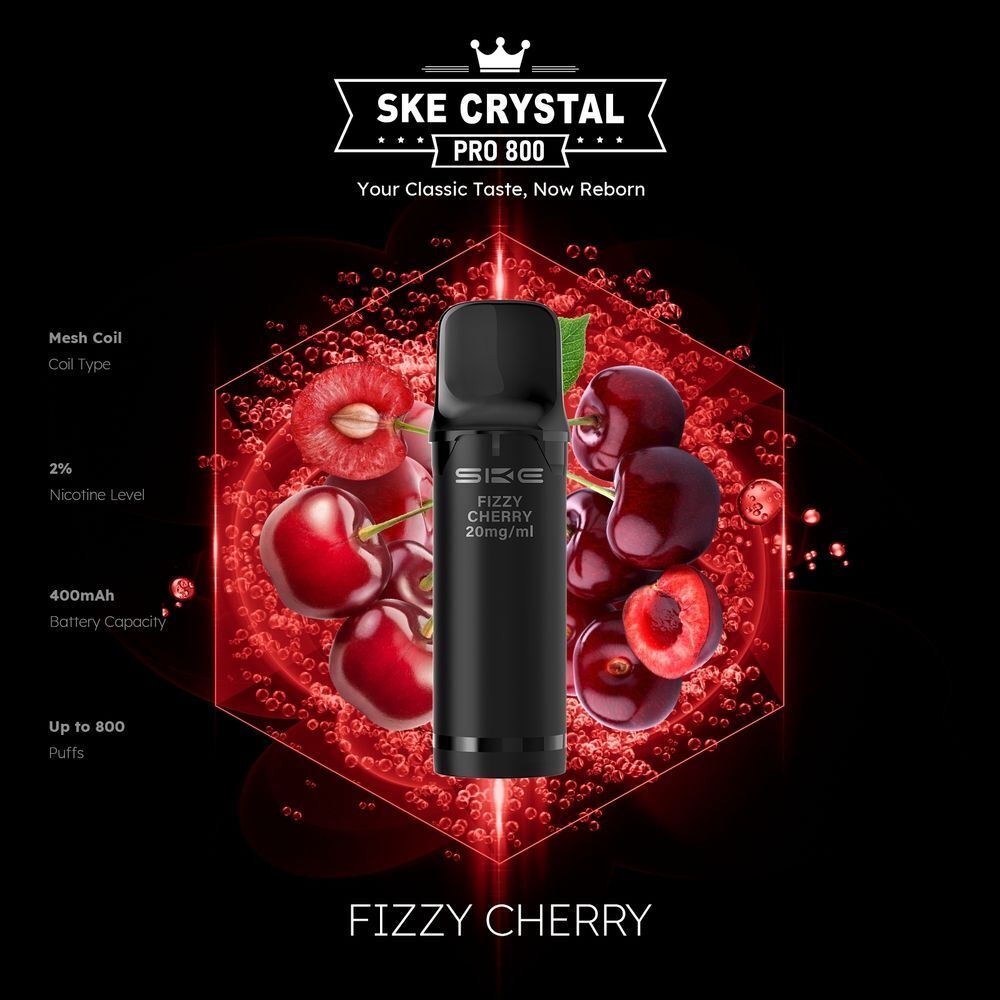 SKE Crystal 800 Pro Pods - Fizzy Cherry SKE Crystal Pro Pod Gerät mit Fizzy Cherry 20mg, schwarz, umgeben von schwebenden Kirschen, 2% Nikotinlevel, 400mAh Batterie, bis zu 800 Züge.
