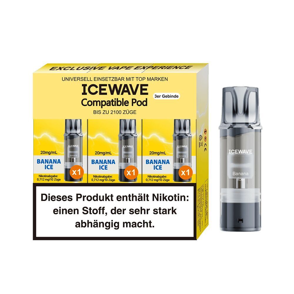 Icewave Pods - Banana Ice 20mg Icewave Pods Banana Ice 20mg in gelber Verpackung, drei Stück, mit Warnhinweis auf der Vorderseite, Pod abgebildet rechts daneben.