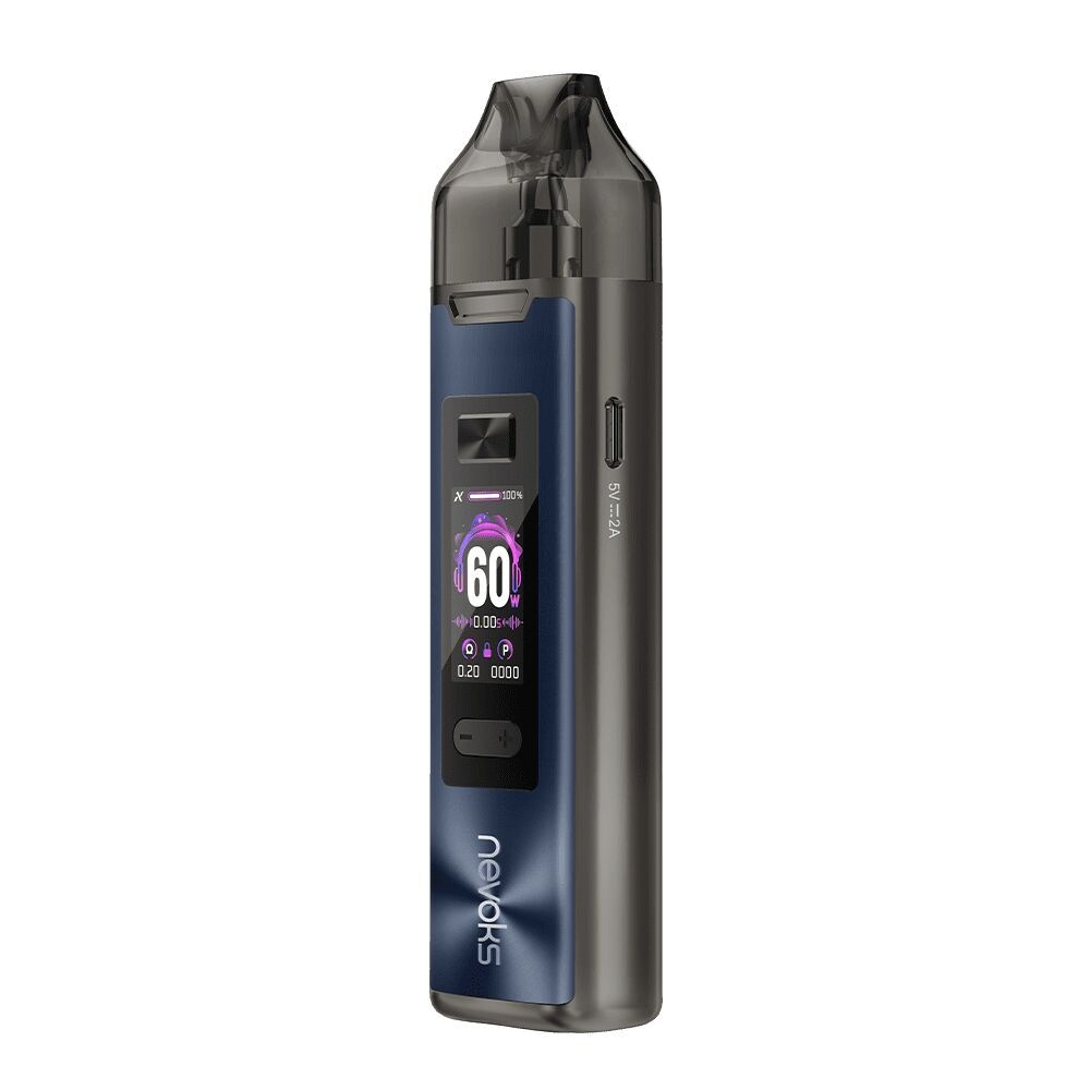 Nevoks Feelin XR Pro Pod Kit in Gunmetal Blue mit Displayanzeige, USB-Port und Branding, zeigt den aktuellen Betriebsstatus.