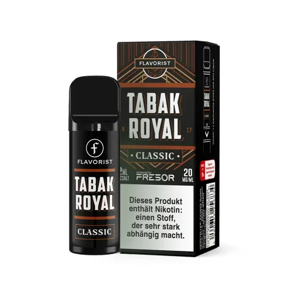 Tabak Royal 20mg - Flavorist Pods Flavorist Pods Tabak Royal 20mg Salz-Nikotin mit Warnhinweis auf Abhängigkeit, schwarze Verpackung und Flasche mit Markenlogo