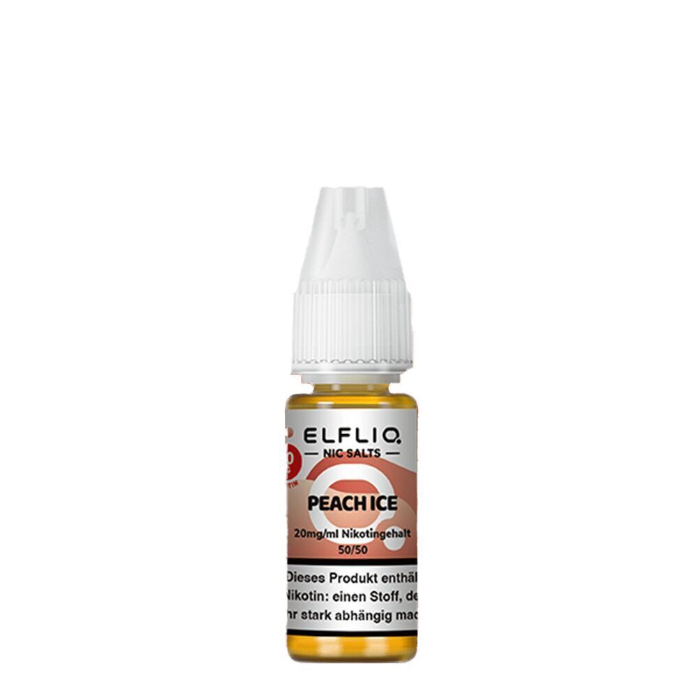 Elfliq Nikotinsalz - Peach Ice 20mg Elfliq Nikotinsalz-Flasche, Peach Ice 20mg/ml, mit orange-weißem Etikett und weißem Kappendeckel, enthält Nikotinwarnhinweis.