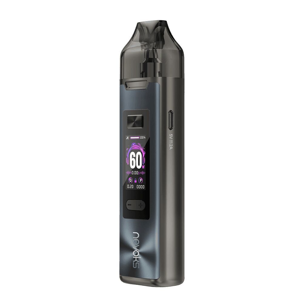 Nevoks Feelin XR Pro Pod Kit in Schwarz mit transparentem Mundstück, farbigem Display, 5V Ladeanschluss und Markenlogo.