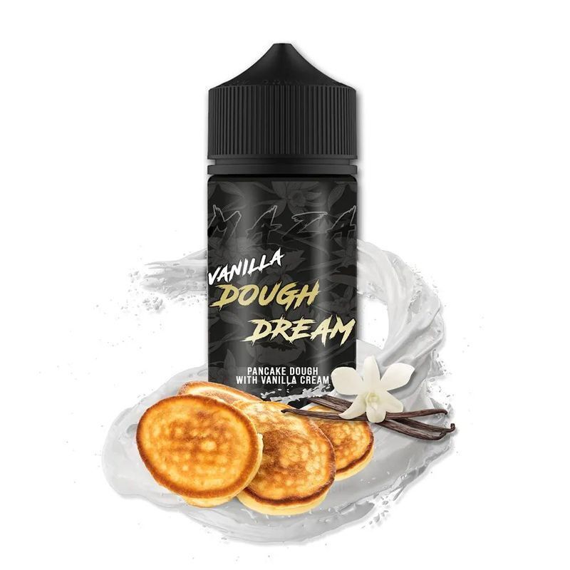Aroma Vanilla Dough von MaZa MaZa Aroma Vanilla Dough Dream Flasche, umgeben von Pfannkuchen-Stücken, Vanilleschoten und einer weißen Blume auf einem Wirbel Vanillecreme.