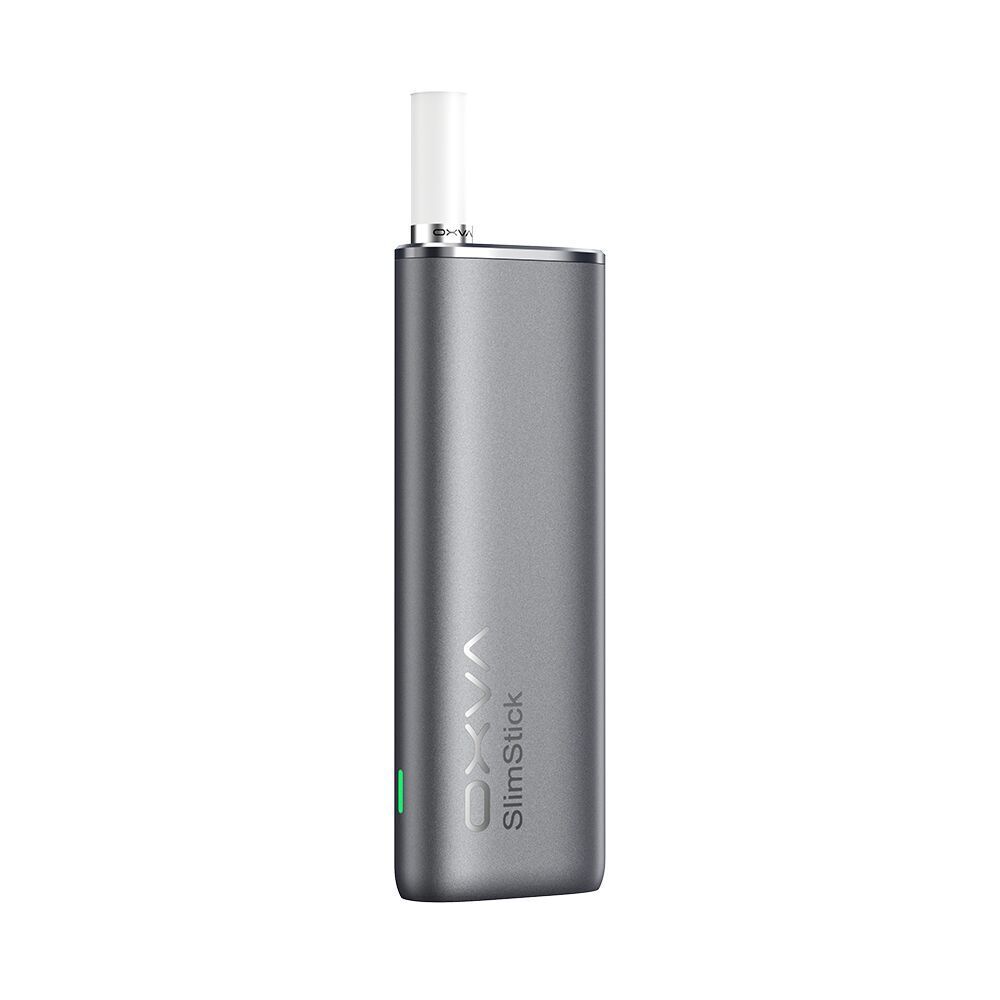 Oxva Slimstick Akku - Gray Oxva Slimstick Akku in Grau mit grüner Taste, vertikaler Schriftzug „Oxva SlimStick“ und weißem Mundstück oben sichtbar.