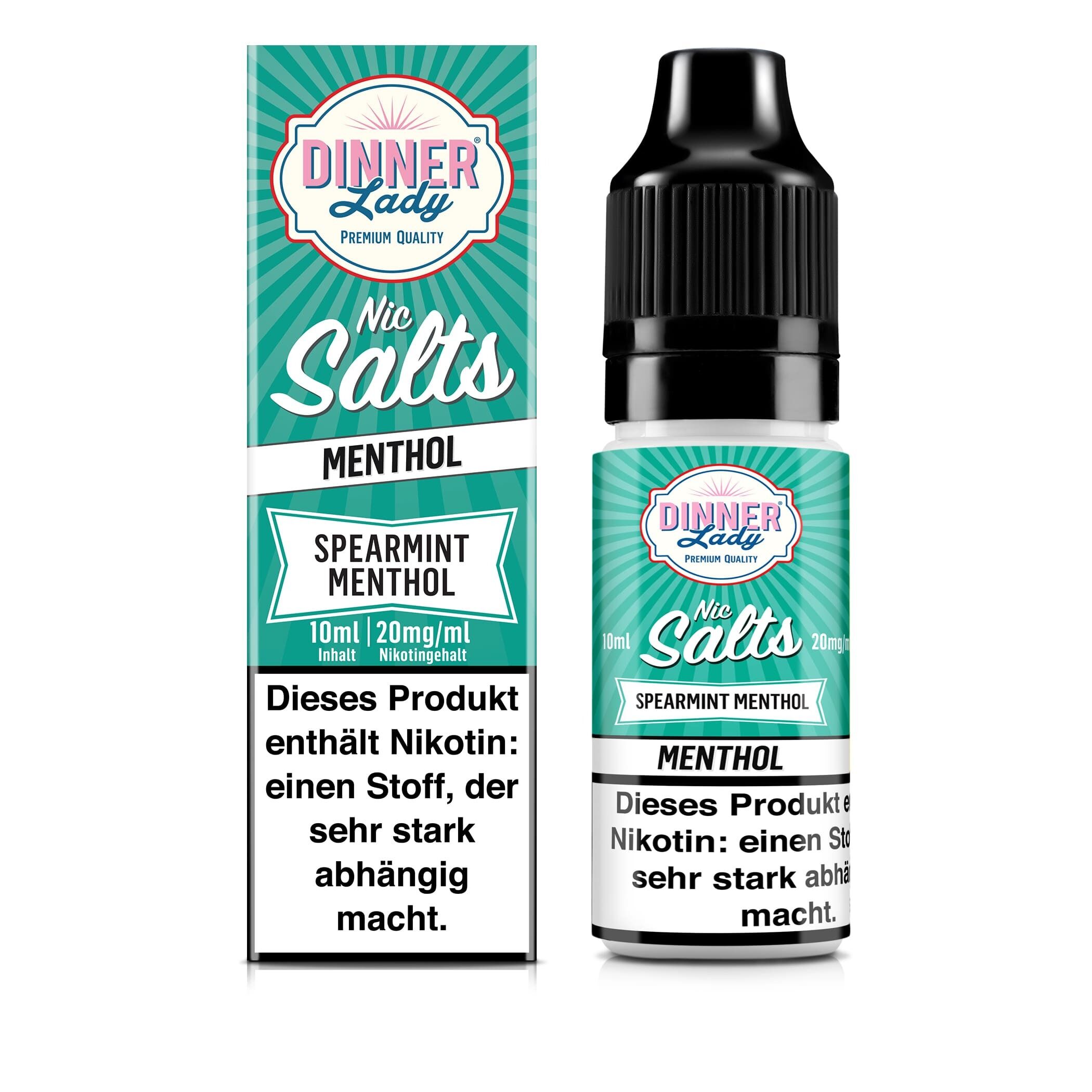 Liquid Spearmint Menthol mit 20mg Nikotin von Dinner Lady Dinner Lady Nic Salts Flasche und Verpackung, Spearmint Menthol, 20mg Nikotin, Warnhinweis zu starker Abhängigkeit auf Label sichtbar