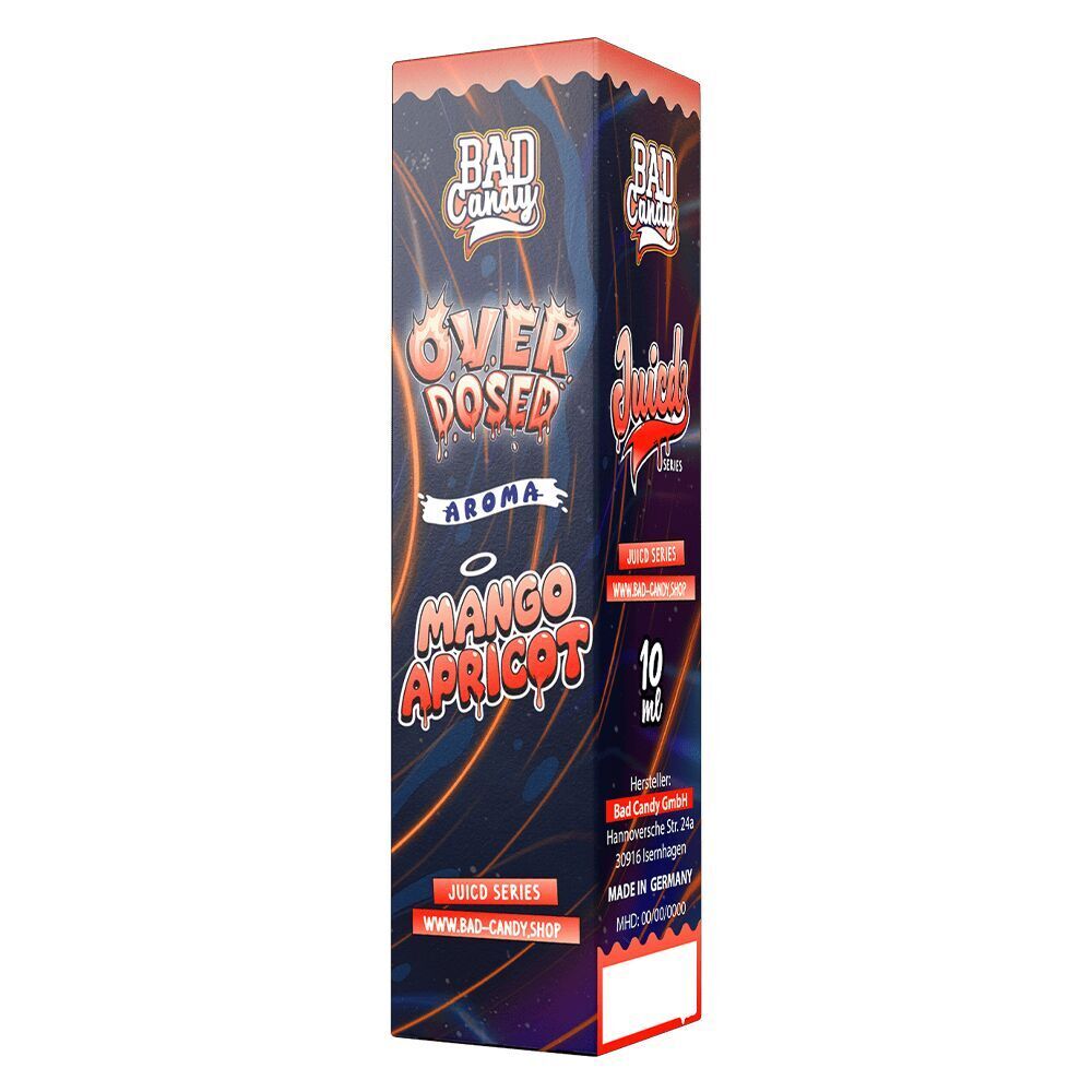Aroma Mango Apricot - Bad Candy Overdosed Verpackung von Bad Candy Aroma Mango Apricot Overdosed mit buntem Design und 10 ml Inhalt, inklusive Herstellerangaben und Website.
