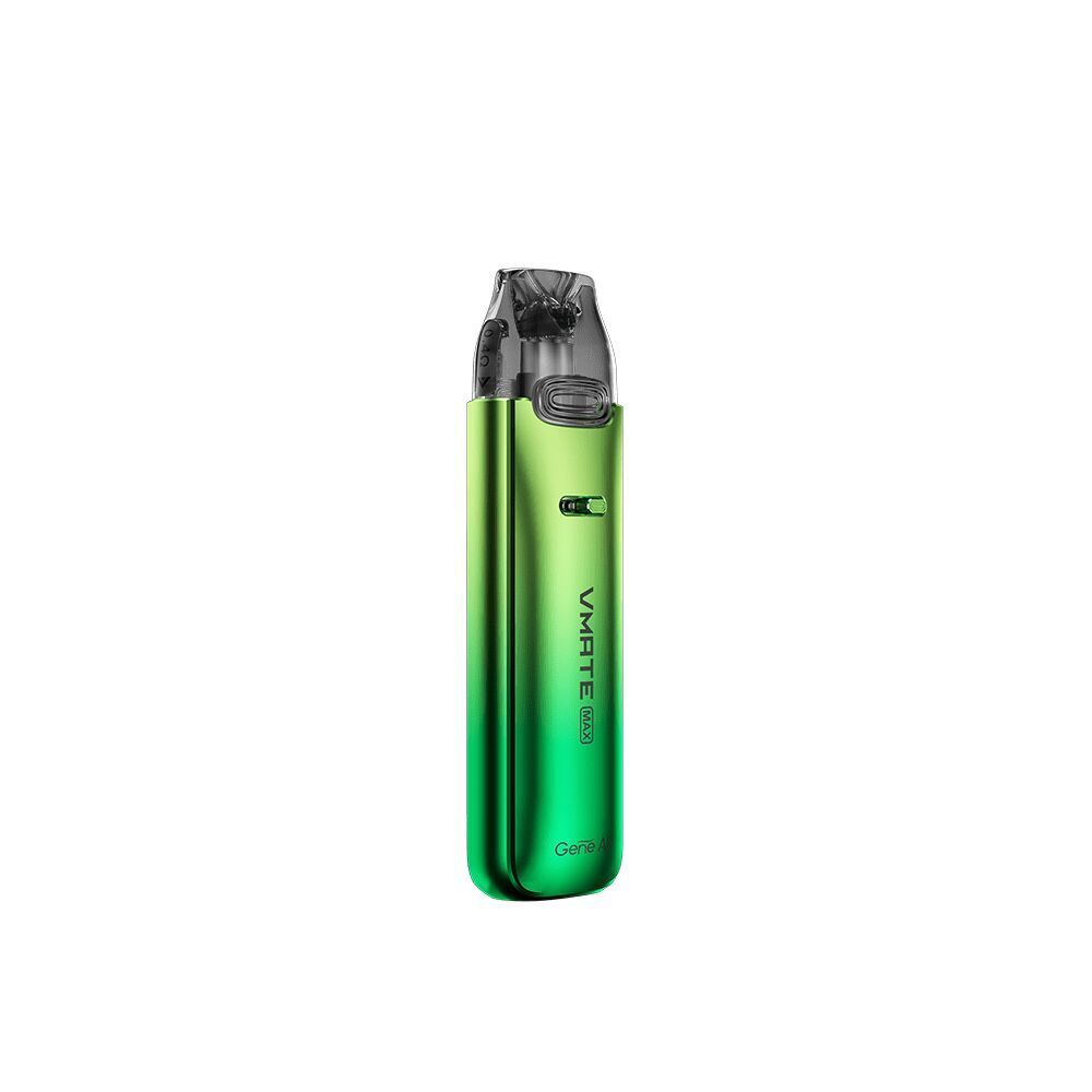 Voopoo VMATE Max Pod Kit in glänzendem Grün mit transparentem Mundstück und Einschaltknopf, Schriftzug „VMATE Max“ sichtbar.