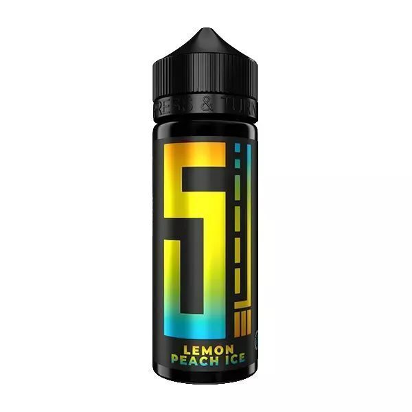 Aroma Lemon Peach Ice von 5 Elements Flasche mit Aufschrift "5 Elements Aroma - Lemon Peach Ice" auf schwarzem Hintergrund, farbenfrohes Label mit großen Zahlensymbolen