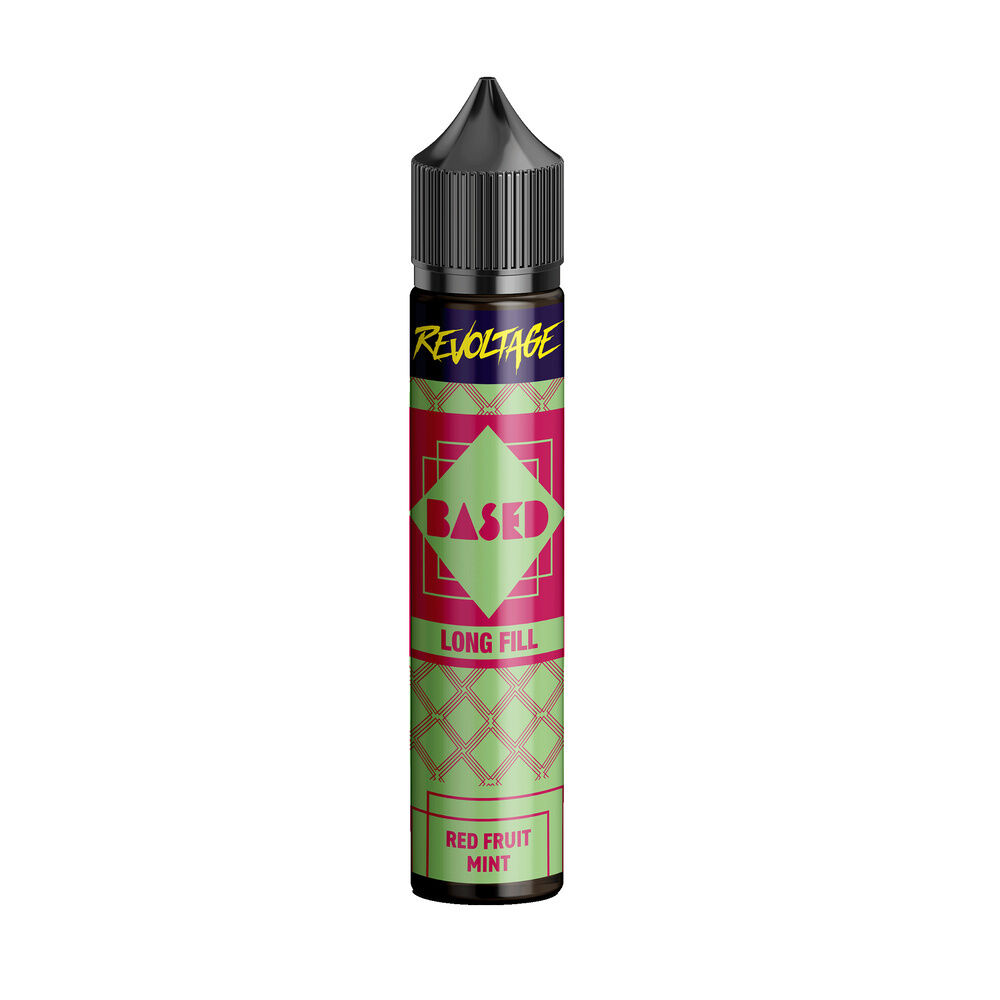 Revoltage Based Longfill Aroma Flasche mit schwarzem Verschluss, grün-pinkem Etikett und Aufschriften: Based, Long Fill, Red Fruit Mint