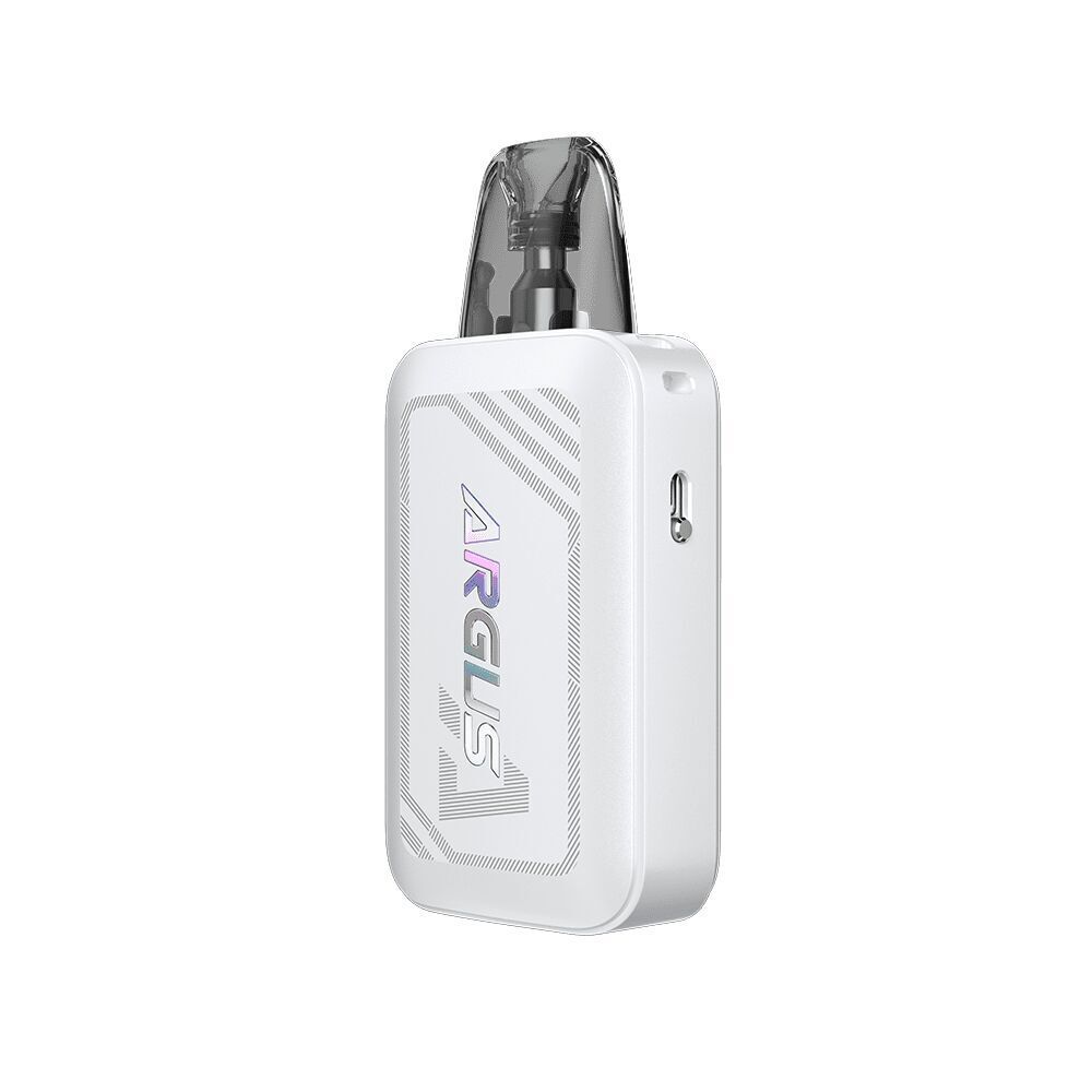 Voopoo Argus A Pod Kit in Perlweiß mit transparentem Mundstück und dem Wort "ARGUS" auf der Vorderseite.