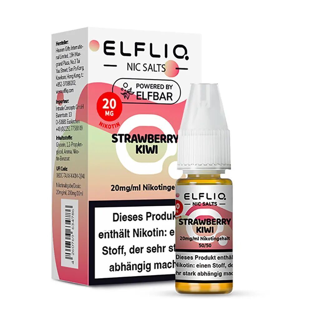 Elfliq Nikotinsalz - Strawberry Kiwi 20mg Elfliq Nicotine Salts E-Liquid, Strawberry Kiwi Geschmack, 20mg/ml Nikotin, Verpackung und 10ml Flasche mit Warnhinweis sichtbar.