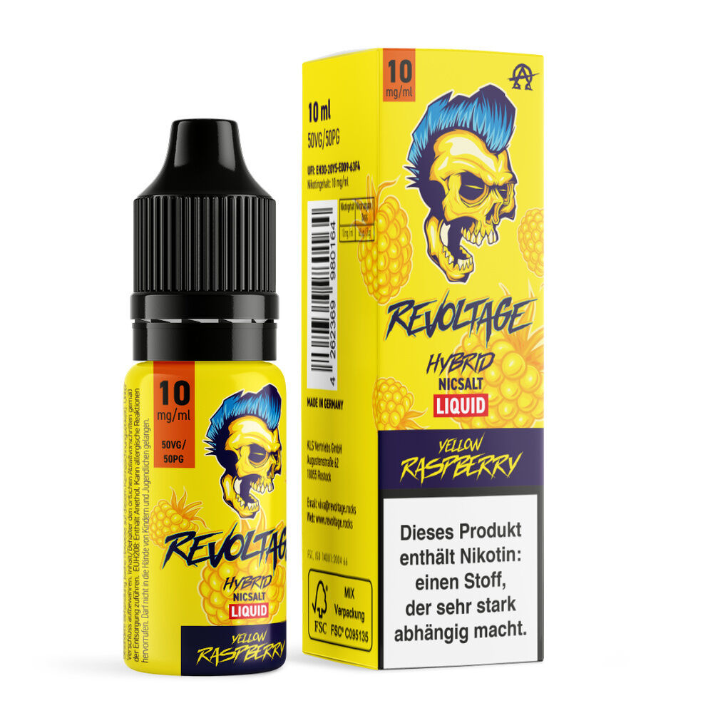 E-Liquid-Flasche und Verpackung Revoltage Hybrid Liquid Yellow Raspberry 10mg mit Totenkopf-Grafik und Warnhinweis zum Nikotingehalt.