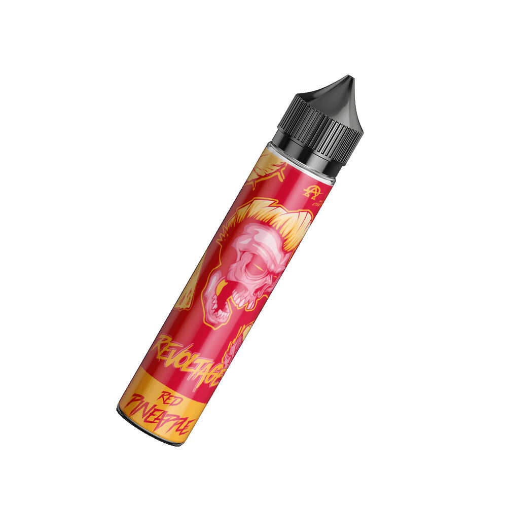 revoltage-longfill-aroma-red-pineapple_2 Revoltage Longfill Aroma Red Pineapple Flasche mit rotem Totenkopf-Design auf rotem Hintergrund und schwarzem Verschluss