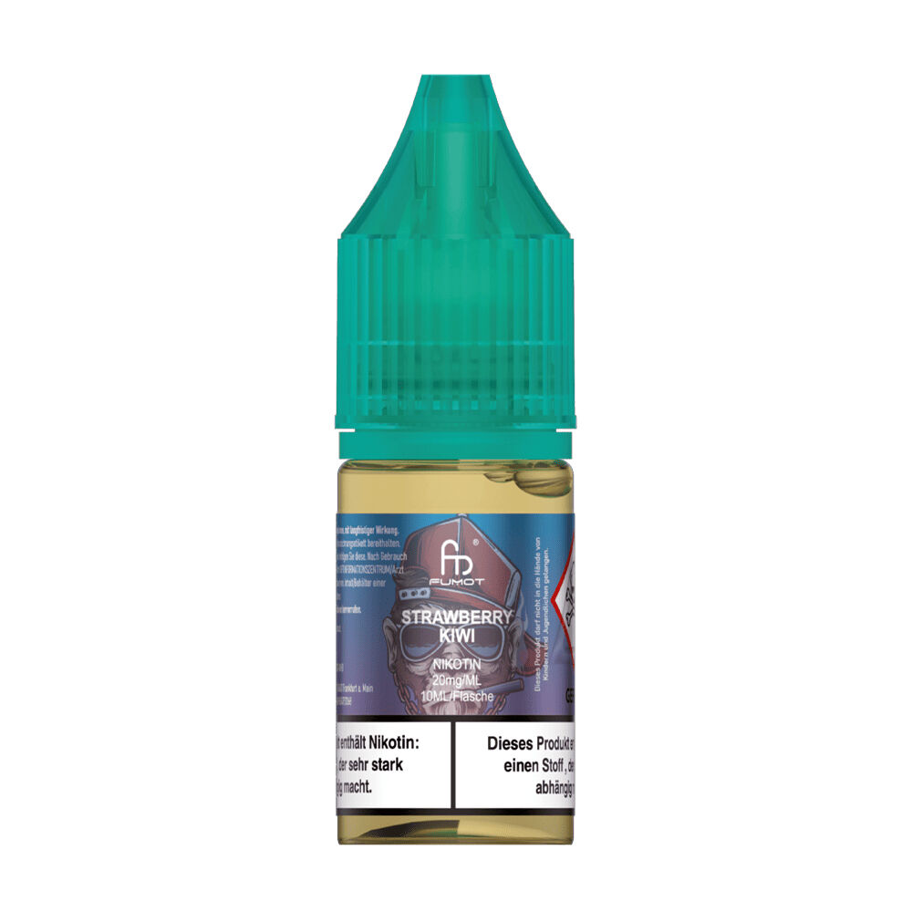 RandM Tornado Nikotinsalz Liquid Flasche RandM Tornado Nikotinsalz Liquid Strawberry Kiwi 20mg mit grünem Deckel, blauem Etikett und Warnhinweisen.